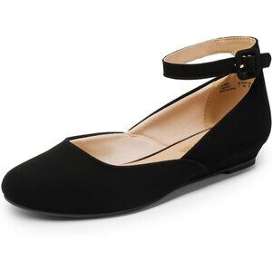 Dream Pairs Women's Black Suede Ankle Buckle Strap Low Wedge Flats Shoes